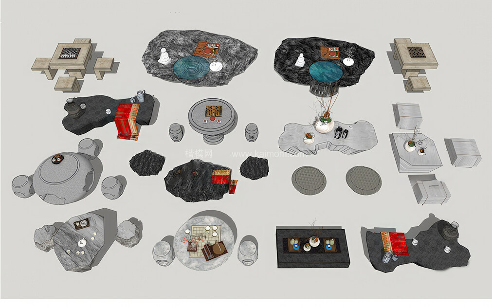 石凳石桌SU模型下载-1